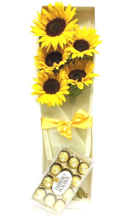 Caja de 5 Girasoles y Bombones Ferrero Rocher de 150 Grs